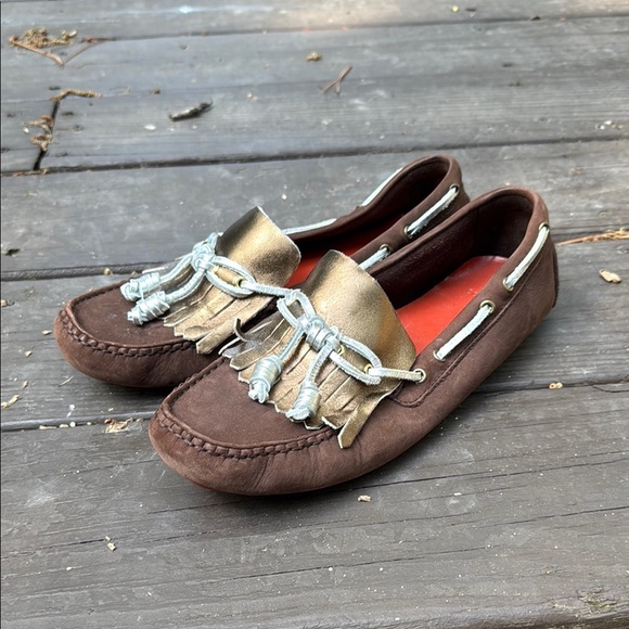 Cole Haan Brown Suede Women’s Loafers with Gold Fringe size 8B - Picture 1 of 5